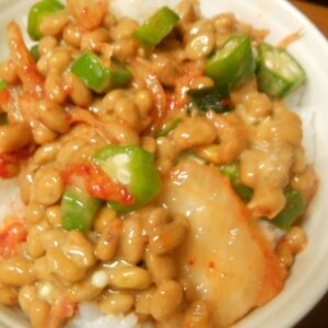 納豆の食べ方-キムチ＆オクラ♪